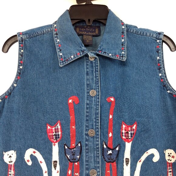 LIFE STYLE Vest Women's S Blue Denim Embroidered Cats Applique Button - Picture 3 of 14
